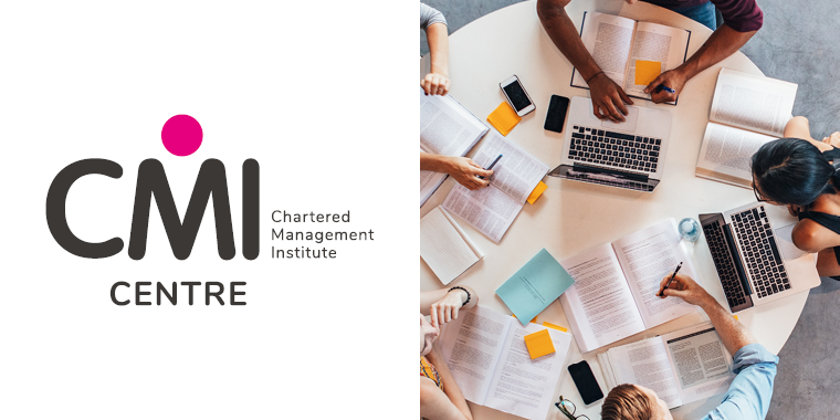 Logo of CMI (Chartered Management Institute) Accreditation with matching photo graphic of group working
