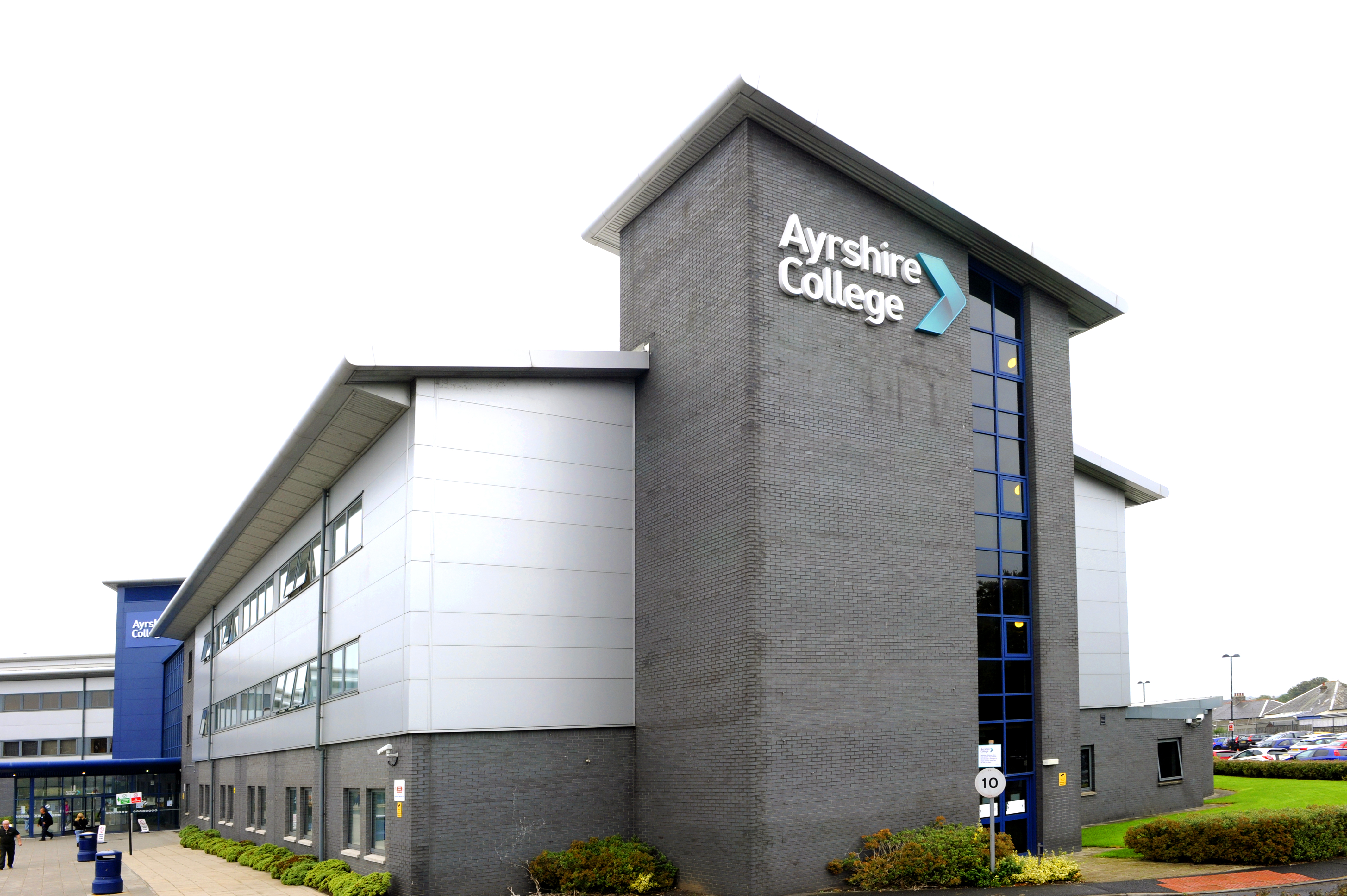 Side view of the Ayrshire College Kilwinning Campus with Ayrshire College logo