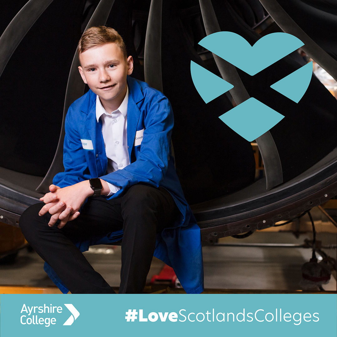 Foundation Apprentice graduate Fraser Wallace with the blue Love Scotland's Colleges campaign overlay