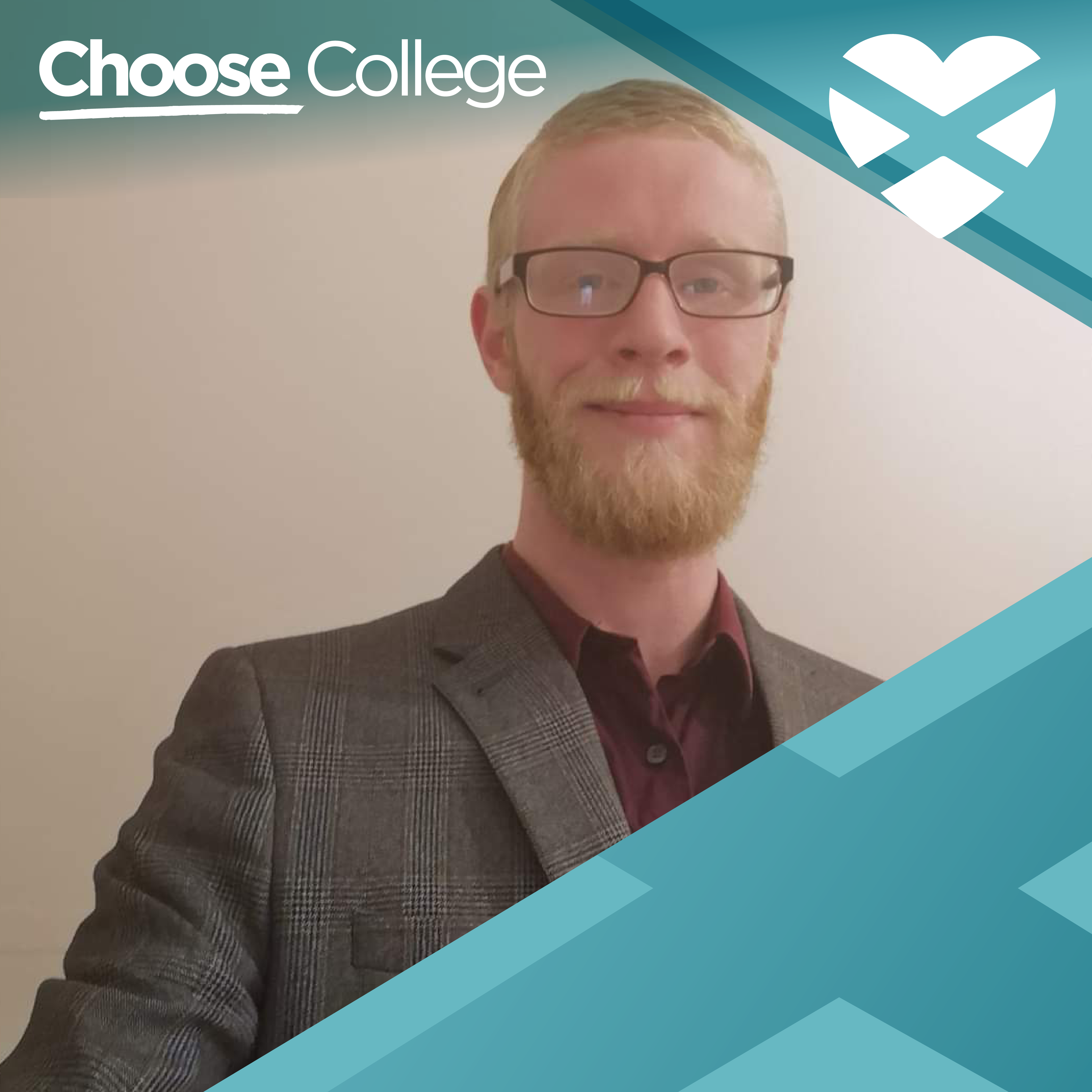 Suited Ayrshire College student with the Choose College campaign overlay